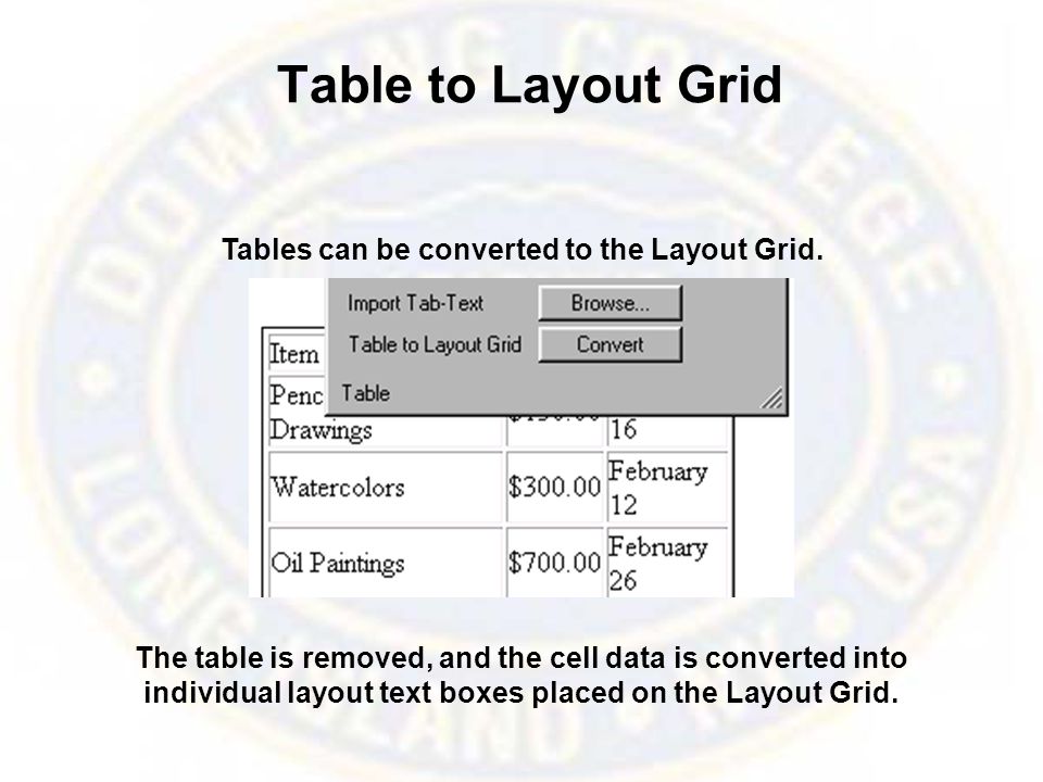 Table to Layout Grid Tables can be converted to the Layout Grid.