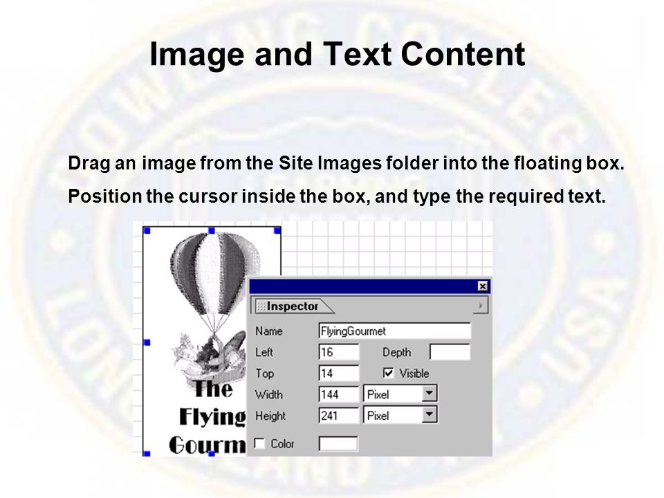 Image and Text Content Drag an image from the Site Images folder into the floating box.
