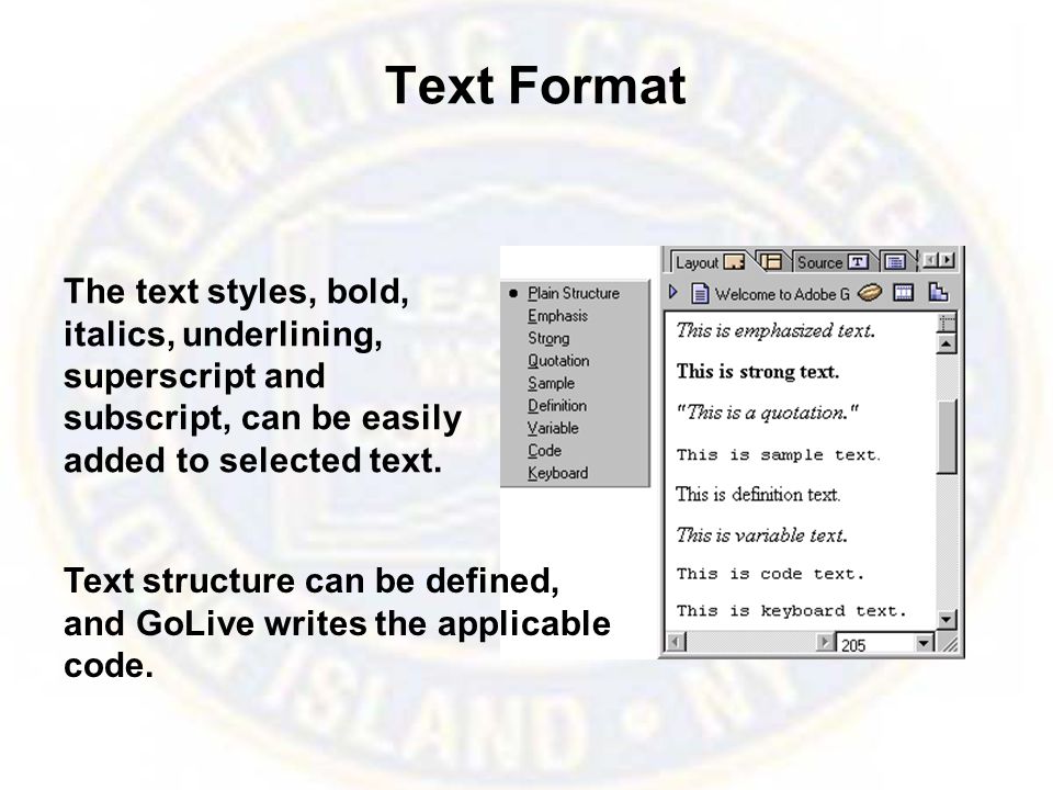 Text Format The text styles, bold, italics, underlining, superscript and subscript, can be easily added to selected text.