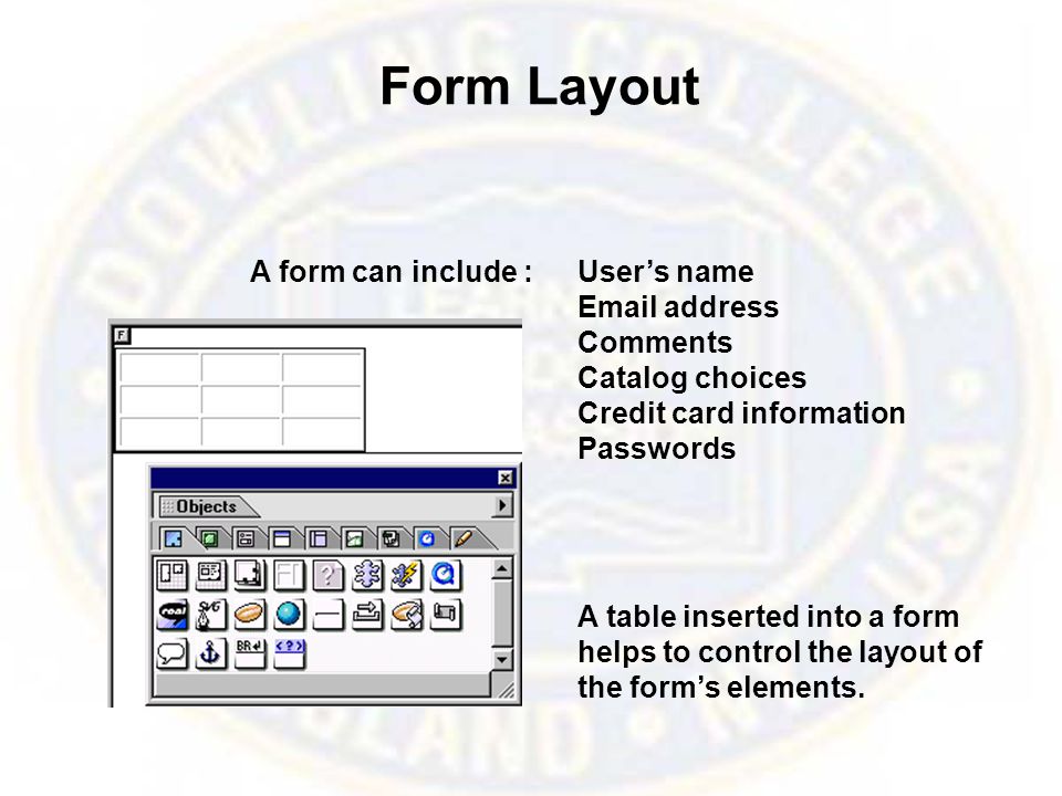 Form Layout A form can include : A table inserted into a form helps to control the layout of the form’s elements.