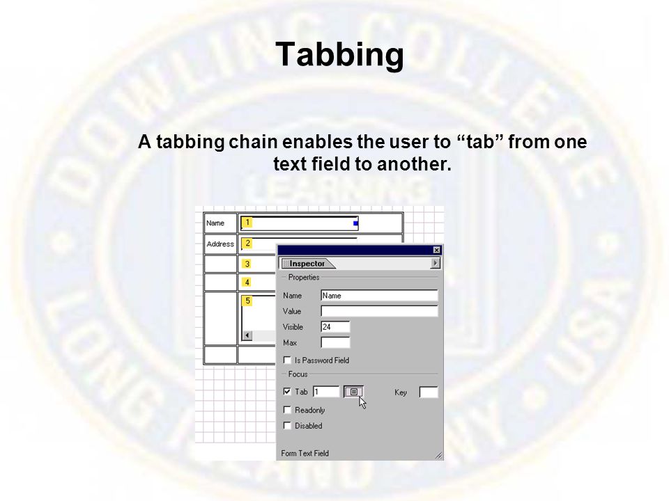 Tabbing A tabbing chain enables the user to tab from one text field to another.