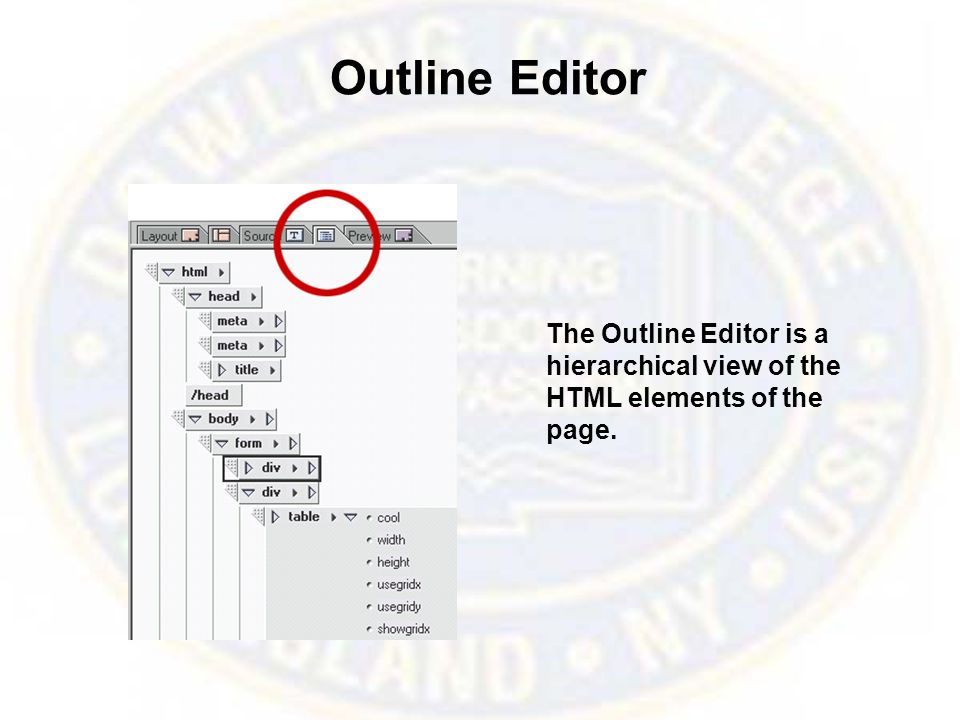 Outline Editor The Outline Editor is a hierarchical view of the HTML elements of the page.