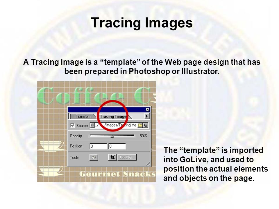Tracing Images A Tracing Image is a template of the Web page design that has been prepared in Photoshop or Illustrator.