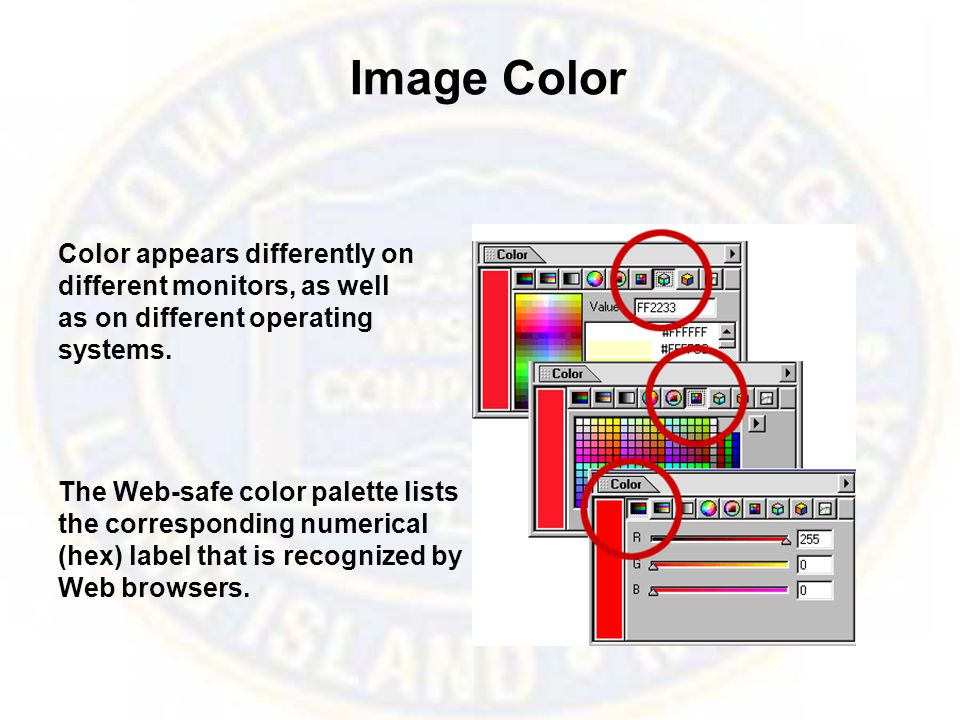 Image Color The Web-safe color palette lists the corresponding numerical (hex) label that is recognized by Web browsers.