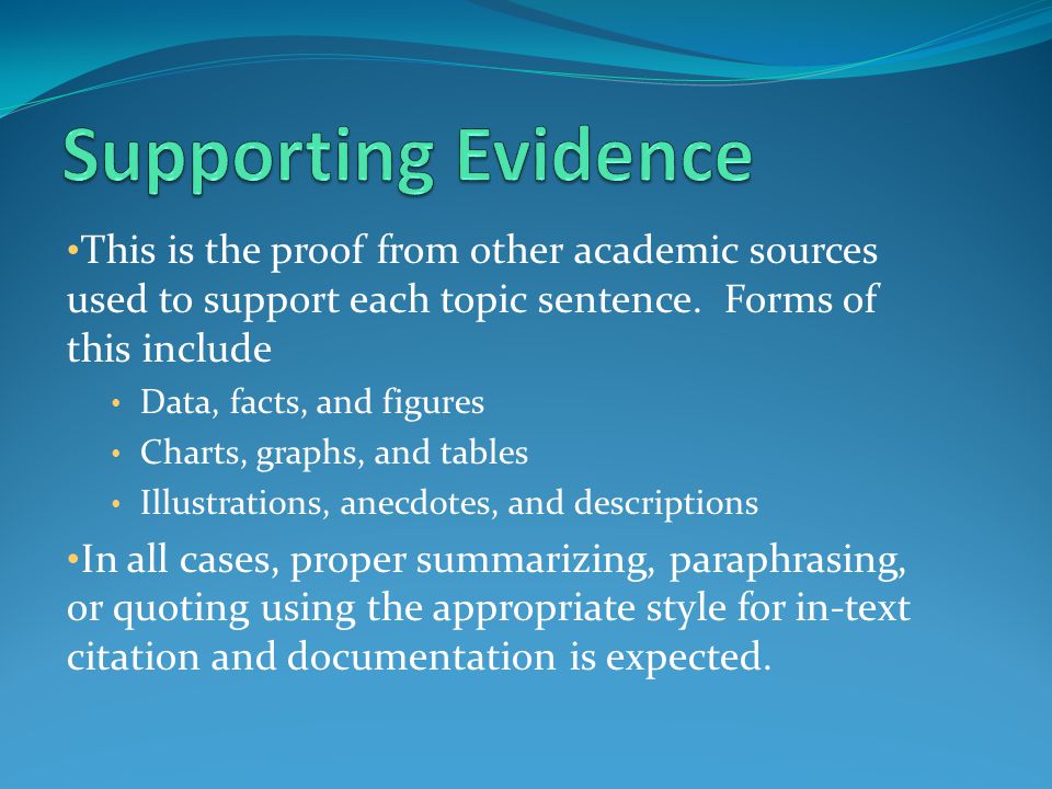 This is the proof from other academic sources used to support each topic sentence.