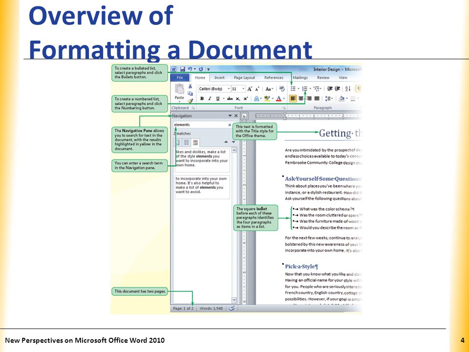 XP Overview of Formatting a Document New Perspectives on Microsoft Office Word 20104