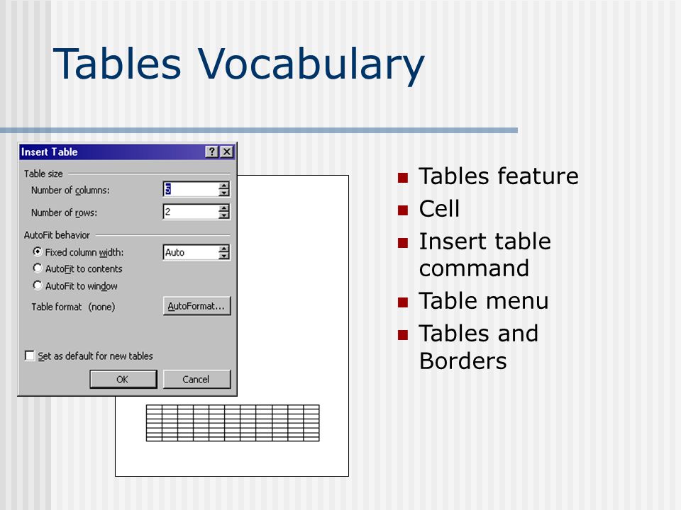 Tables Vocabulary Tables feature Cell Insert table command Table menu Tables and Borders