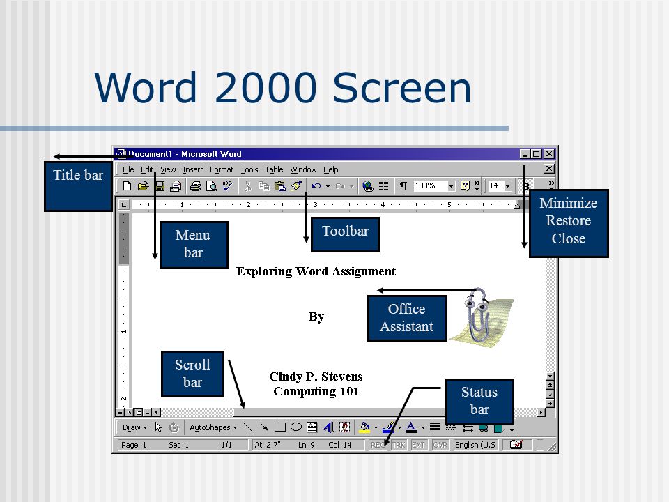 Word 2000 Screen Title bar Menu bar Toolbar Office Assistant Scroll bar Status bar Minimize Restore Close