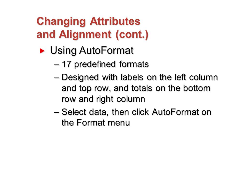 Changing Attributes and Alignment (cont.)  Using AutoFormat –17 predefined formats –Designed with labels on the left column and top row, and totals on the bottom row and right column –Select data, then click AutoFormat on the Format menu