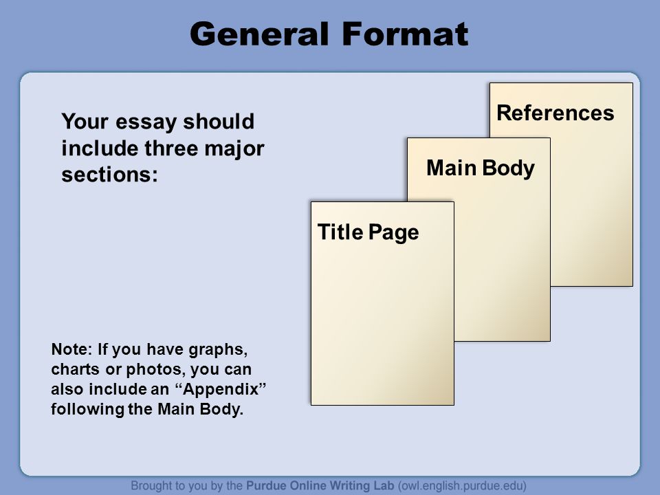 References Main Body General Format Your essay should include three major sections: Title Page Note: If you have graphs, charts or photos, you can also include an Appendix following the Main Body.