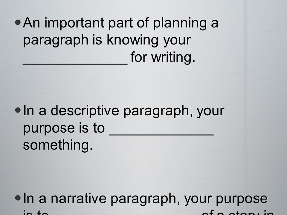 An important part of planning a paragraph is knowing your _____________ for writing.
