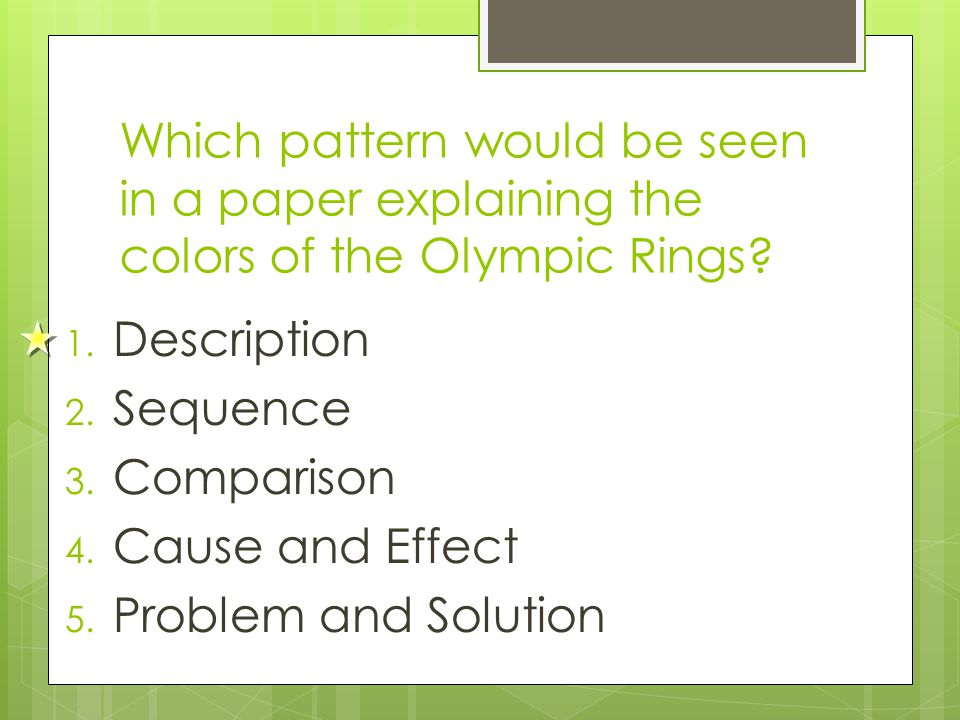 Which pattern would be seen in a paper explaining the colors of the Olympic Rings.