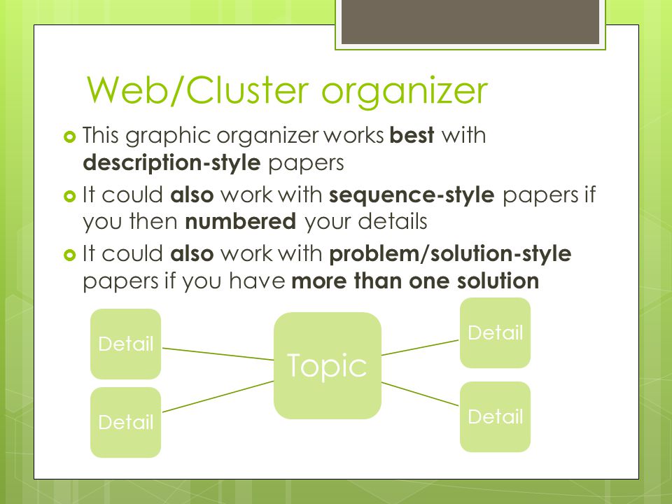Topic Detail Web/Cluster organizer  This graphic organizer works best with description-style papers  It could also work with sequence-style papers if you then numbered your details  It could also work with problem/solution-style papers if you have more than one solution