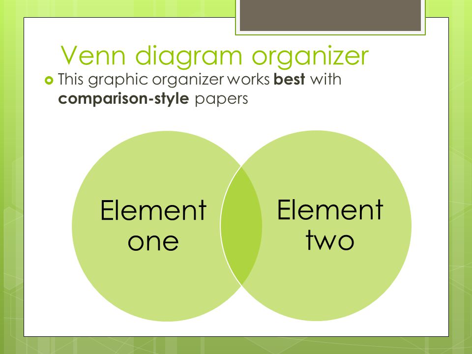 Venn diagram organizer  This graphic organizer works best with comparison-style papers Element one Element two