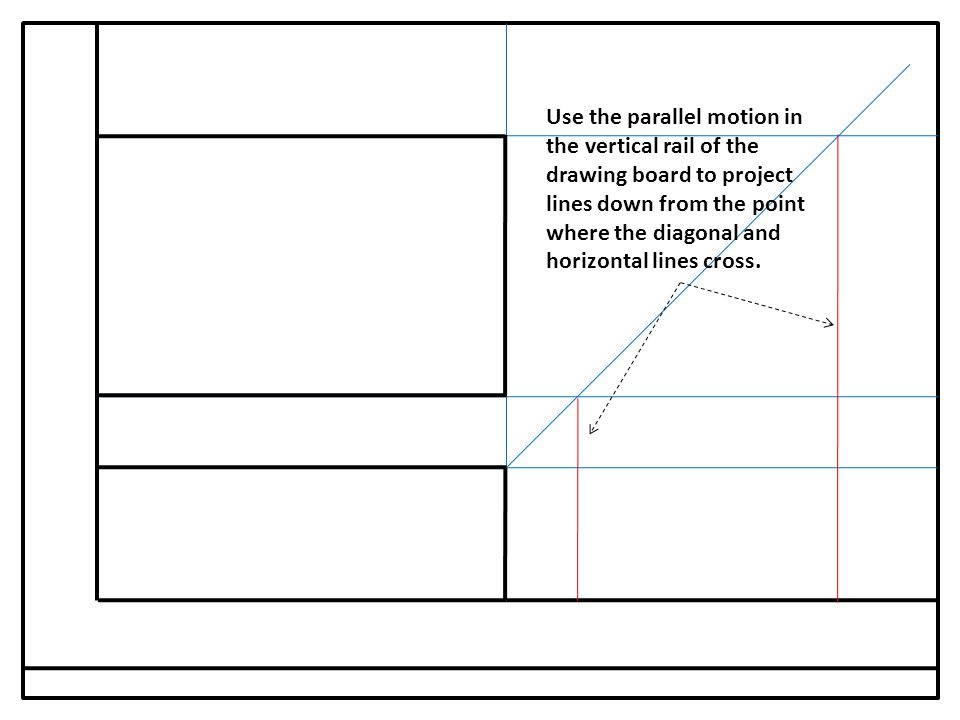 Using the edge of the set square draw a 45° line up from the corner of the side view until it crosses both horizontal construction lines from the plan view