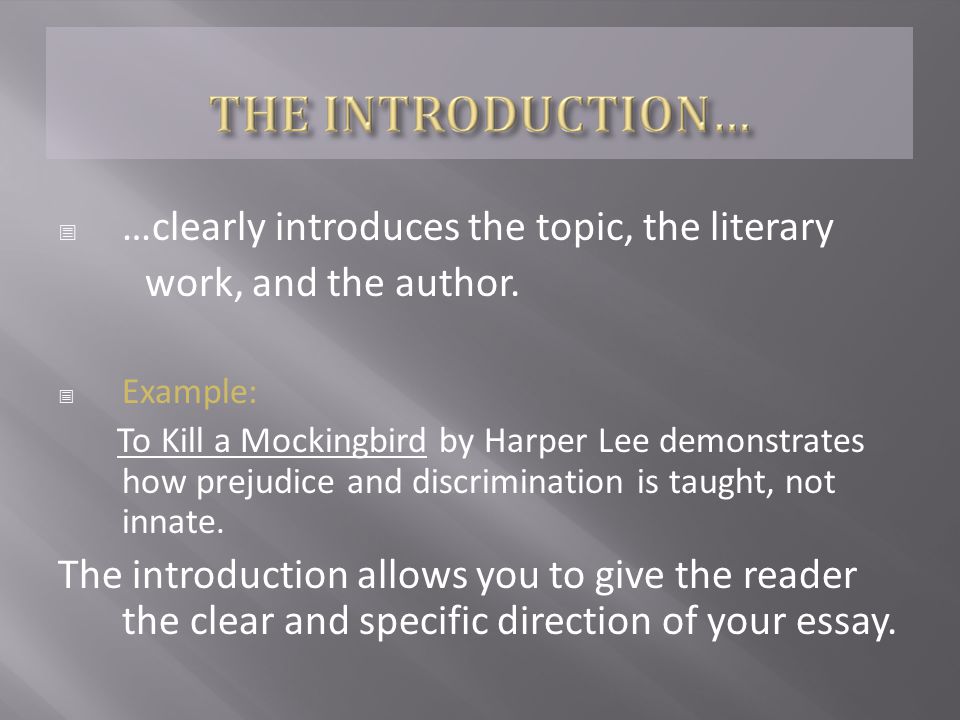  …clearly introduces the topic, the literary work, and the author.