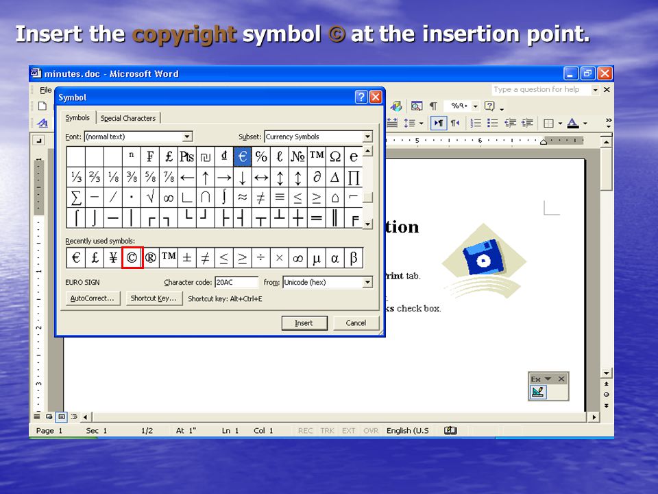 Insert the copyright symbol © at the insertion point.