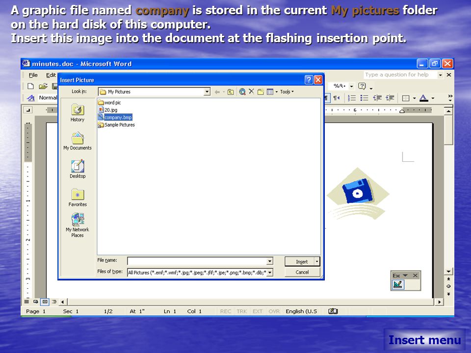 A graphic file named company is stored in the current My pictures folder on the hard disk of this computer.
