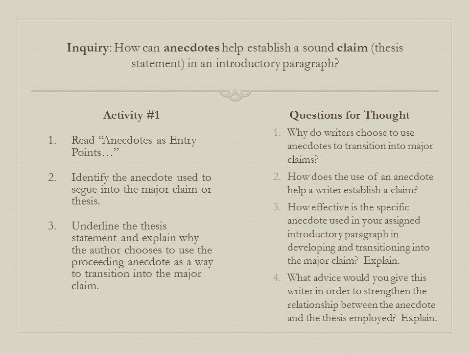 Inquiry: How can anecdotes help establish a sound claim (thesis statement) in an introductory paragraph.