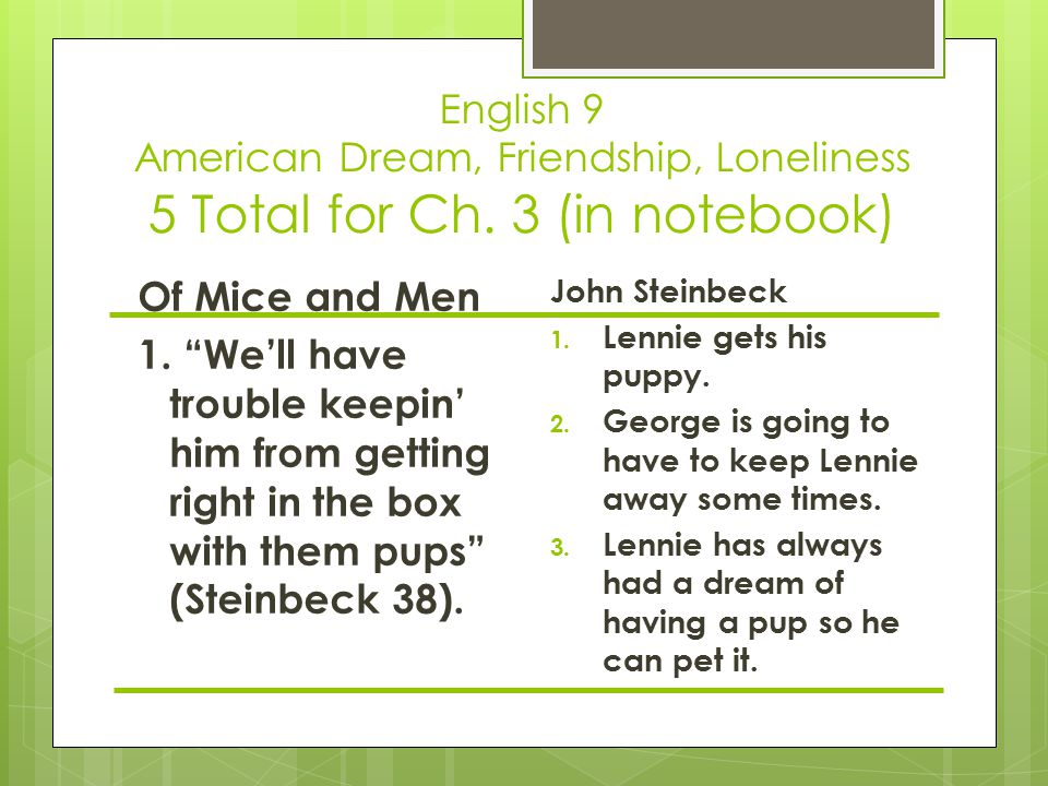 English 9 American Dream, Friendship, Loneliness 5 Total for Ch.