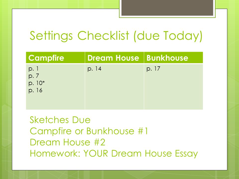 Settings Checklist (due Today) Sketches Due Campfire or Bunkhouse #1 Dream House #2 Homework: YOUR Dream House Essay CampfireDream HouseBunkhouse p.