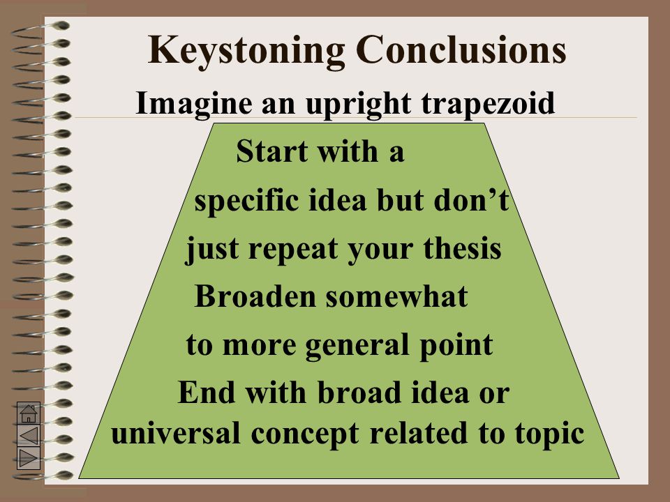 Keystoning Conclusions Imagine an upright trapezoid Start with a specific idea but don’t just repeat your thesis Broaden somewhat to more general point End with broad idea or universal concept related to topic
