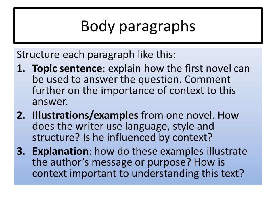Body paragraphs Structure each paragraph like this: 1.Topic sentence: explain how the first novel can be used to answer the question.