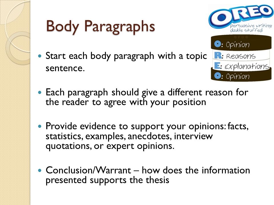 Body Paragraphs Start each body paragraph with a topic sentence.