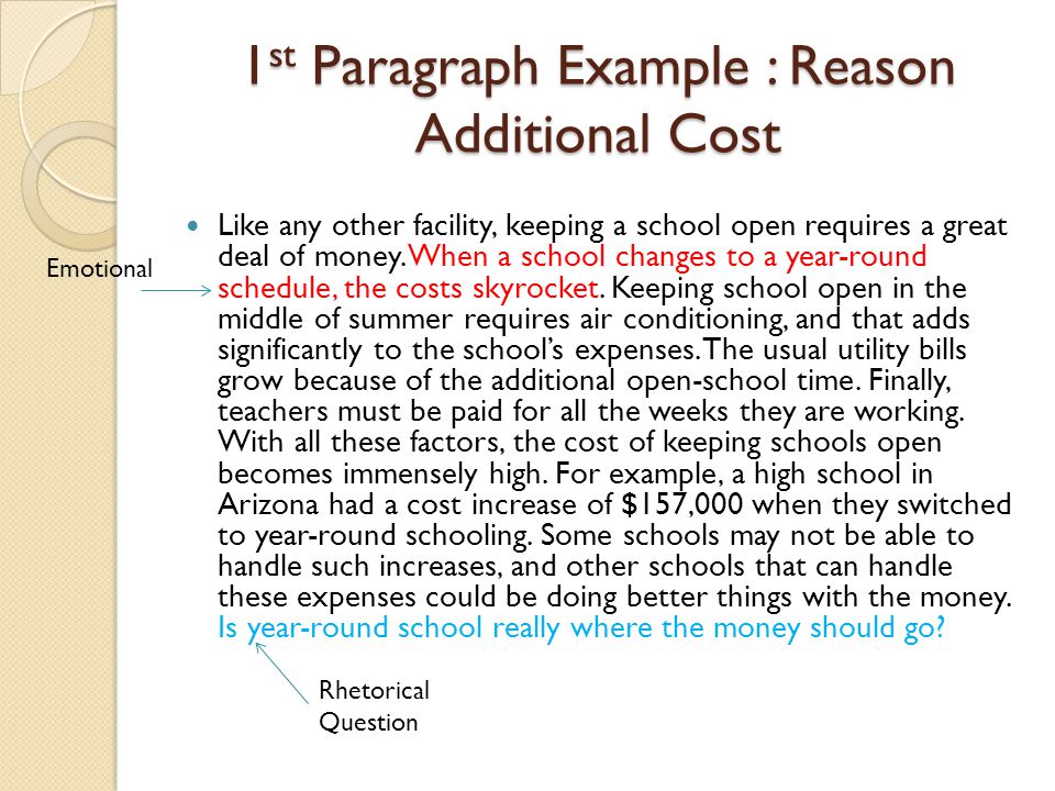1 st Paragraph Example : Reason Additional Cost Like any other facility, keeping a school open requires a great deal of money.