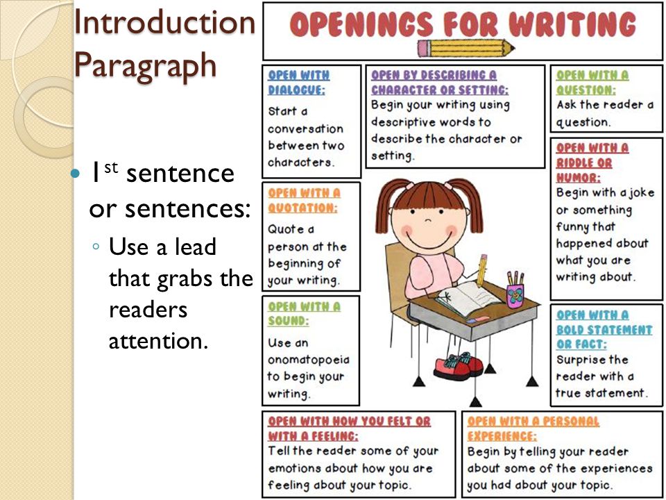 Introduction Paragraph 1 st sentence or sentences: ◦ Use a lead that grabs the readers attention.