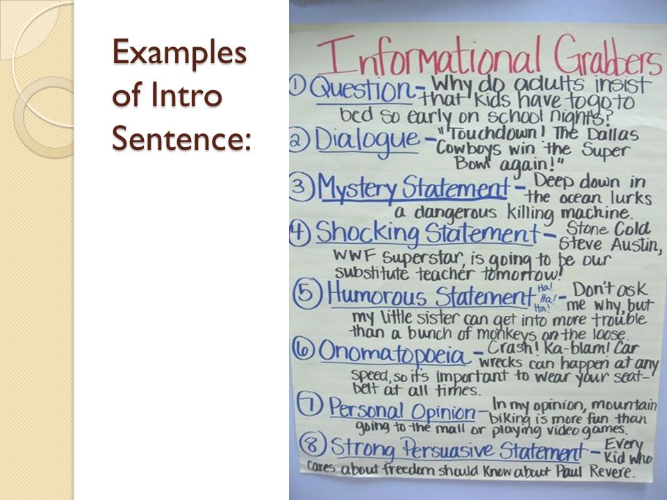 Examples of Intro Sentence: