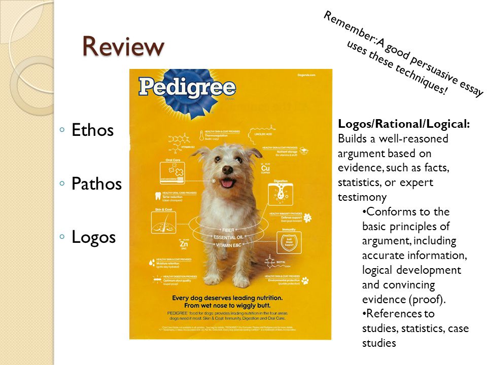 Review ◦ Ethos ◦ Pathos ◦ Logos Remember: A good persuasive essay uses these techniques.