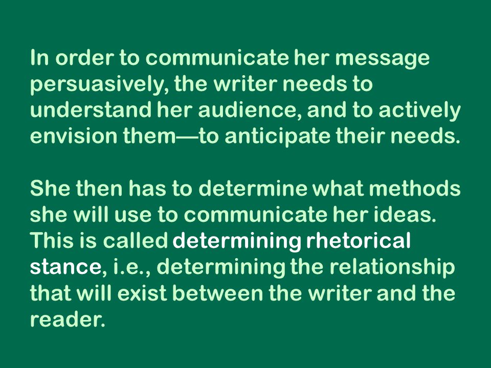 In order to communicate her message persuasively, the writer needs to understand her audience, and to actively envision them—to anticipate their needs.