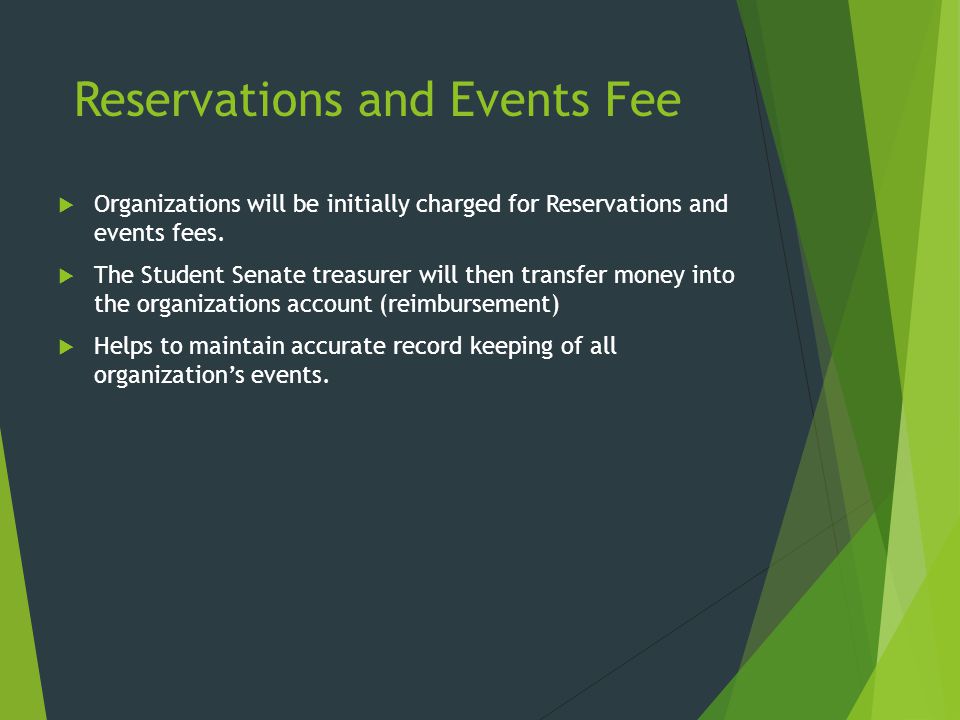 Reservations and Events Fee  Organizations will be initially charged for Reservations and events fees.
