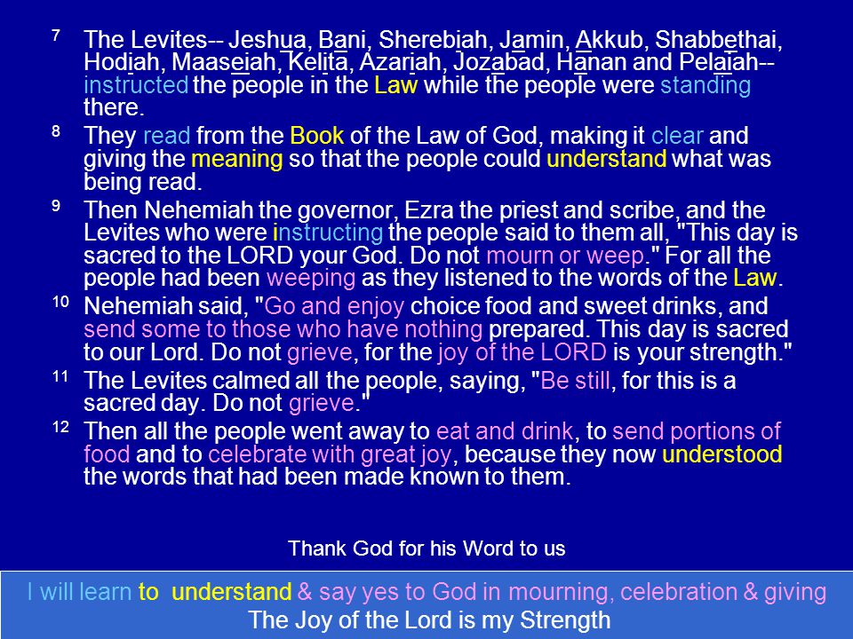 7 The Levites-- Jeshua, Bani, Sherebiah, Jamin, Akkub, Shabbethai, Hodiah, Maaseiah, Kelita, Azariah, Jozabad, Hanan and Pelaiah-- instructed the people in the Law while the people were standing there.