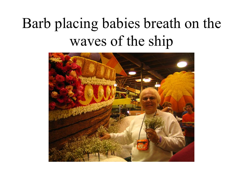 Barb placing babies breath on the waves of the ship