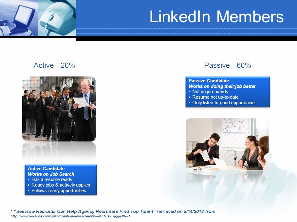 LinkedIn Members * See How Recruiter Can Help Agency Recruiters Find Top Talent retrieved on 5/14/2012 from   feature=endscreen&v=4sFhJsv_qqg&NR=1 Active Candidate Works on Job Search Has a resume ready Reads jobs & actively applies Follows many opportunities Active Candidate Works on Job Search Has a resume ready Reads jobs & actively applies Follows many opportunities Passive Candidate Works on doing their job better Not on job boards Resume not up-to-date Only listen to good opportunities Passive Candidate Works on doing their job better Not on job boards Resume not up-to-date Only listen to good opportunities Active - 20%Passive - 60%