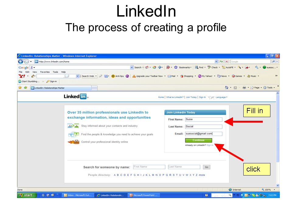 LinkedIn The process of creating a profile Fill in click