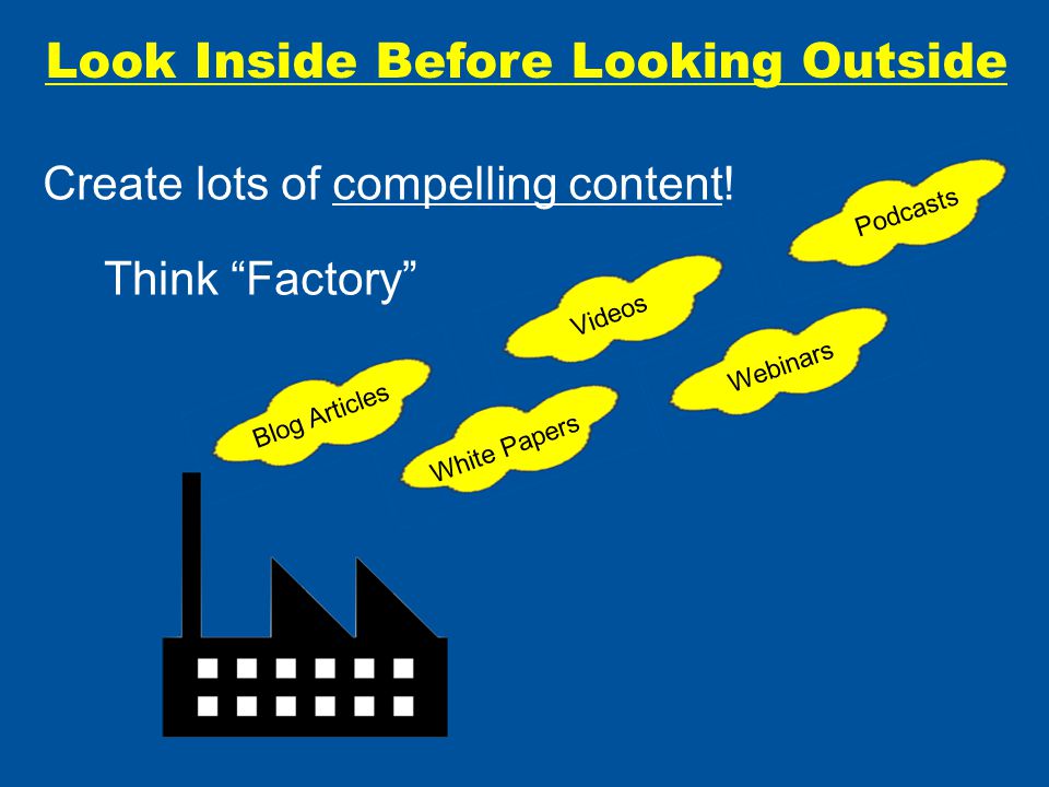 Look Inside Before Looking Outside Create lots of compelling content.