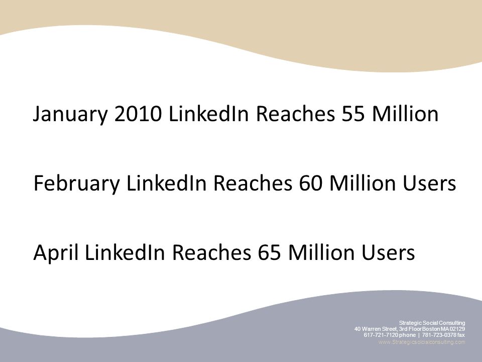 January 2010 LinkedIn Reaches 55 Million February LinkedIn Reaches 60 Million Users April LinkedIn Reaches 65 Million Users Strategic Social Consulting 40 Warren Street, 3rd Floor Boston MA phone | fax