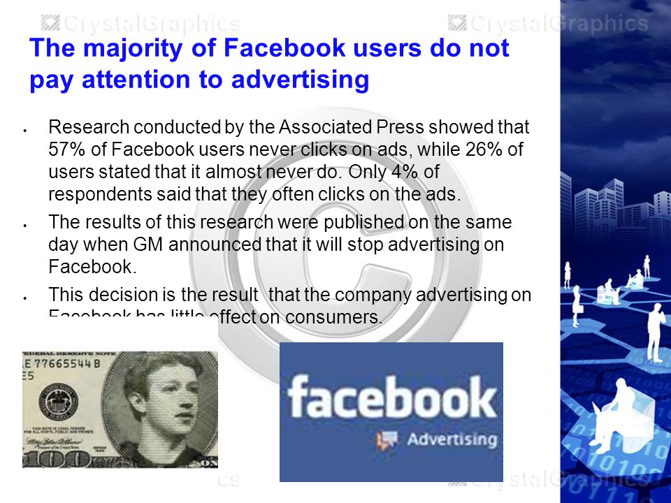 The majority of Facebook users do not pay attention to advertising  Research conducted by the Associated Press showed that 57% of Facebook users never clicks on ads, while 26% of users stated that it almost never do.