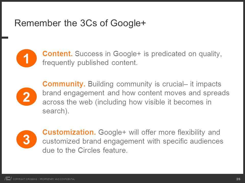 COPYRIGHT ICROSSING / PROPRIETARY AND CONFIDENTIAL 25 Remember the 3Cs of Google+ Content.
