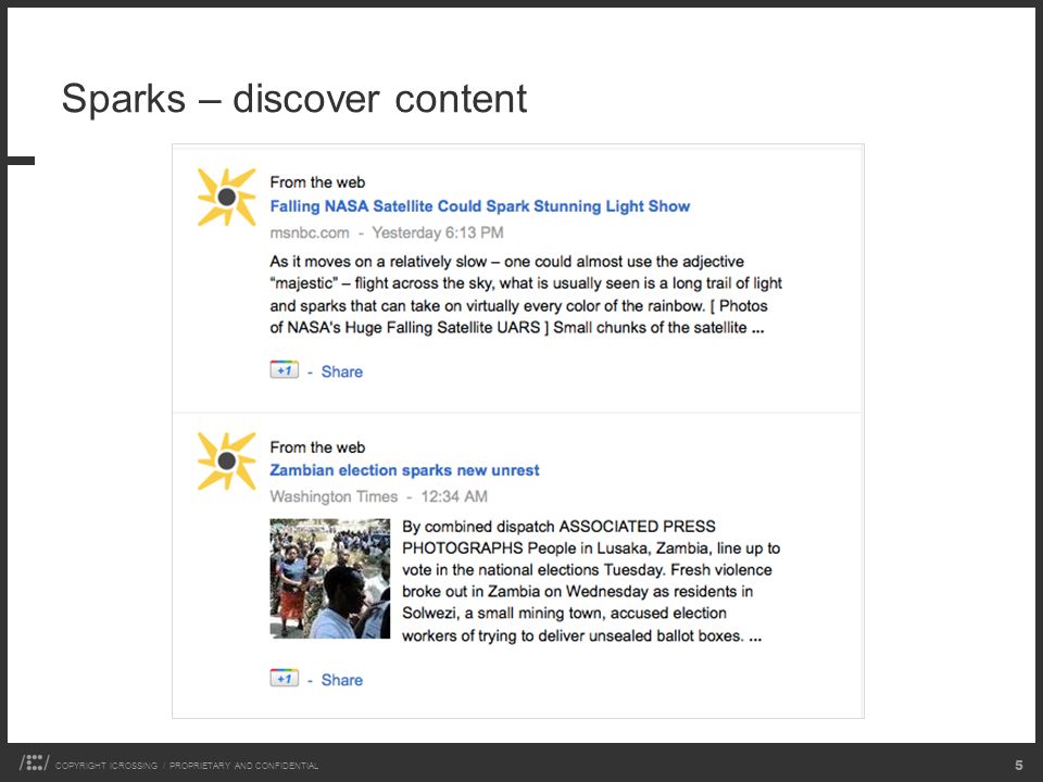 COPYRIGHT ICROSSING / PROPRIETARY AND CONFIDENTIAL 5 Sparks – discover content