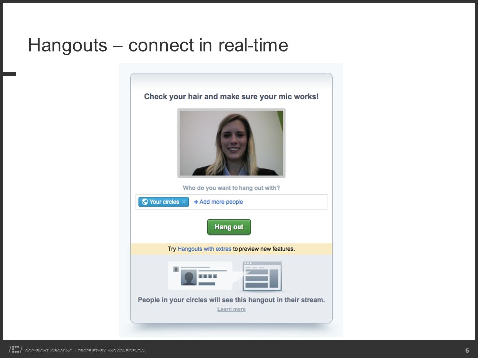 COPYRIGHT ICROSSING / PROPRIETARY AND CONFIDENTIAL 6 Hangouts – connect in real-time