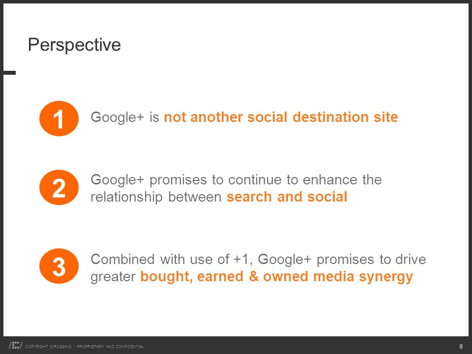 COPYRIGHT ICROSSING / PROPRIETARY AND CONFIDENTIAL 8 Perspective Google+ is not another social destination site Google+ promises to continue to enhance the relationship between search and social Combined with use of +1, Google+ promises to drive greater bought, earned & owned media synergy 1 2 3