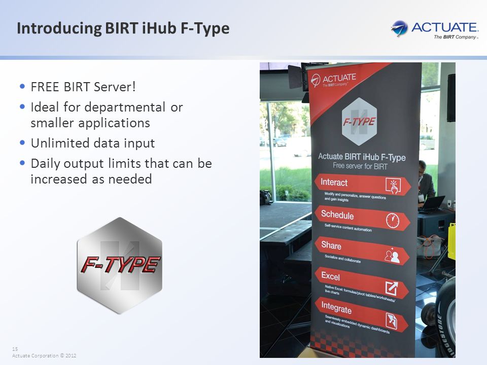 15 Actuate Corporation © 2012 Introducing BIRT iHub F-Type FREE BIRT Server.