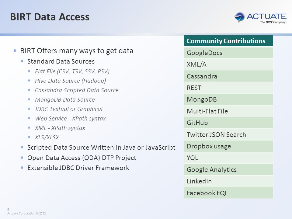 5 Actuate Corporation © 2012 BIRT Data Access BIRT Offers many ways to get data Standard Data Sources Flat File (CSV, TSV, SSV, PSV) Hive Data Source (Hadoop) Cassandra Scripted Data Source MongoDB Data Source JDBC Textual or Graphical Web Service - XPath syntax XML - XPath syntax XLS/XLSX Scripted Data Source Written in Java or JavaScript Open Data Access (ODA) DTP Project Extensible JDBC Driver Framework Community Contributions GoogleDocs XML/A Cassandra REST MongoDB Multi-Flat File GitHub Twitter JSON Search Dropbox usage YQL Google Analytics LinkedIn Facebook FQL