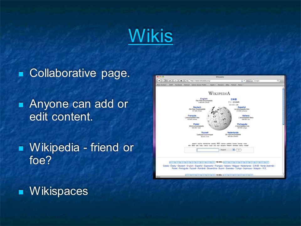 Wikis Collaborative page. Anyone can add or edit content.