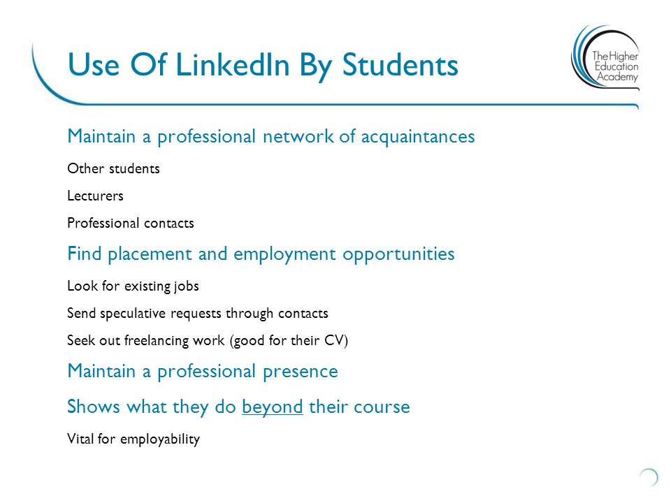 Maintain a professional network of acquaintances Other students Lecturers Professional contacts Find placement and employment opportunities Look for existing jobs Send speculative requests through contacts Seek out freelancing work (good for their CV) Maintain a professional presence Shows what they do beyond their course Vital for employability Use Of LinkedIn By Students