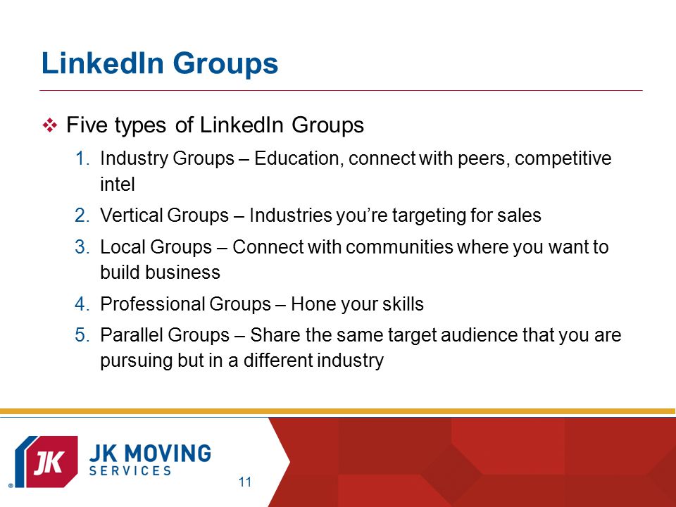 11  Five types of LinkedIn Groups 1.Industry Groups – Education, connect with peers, competitive intel 2.Vertical Groups – Industries you’re targeting for sales 3.Local Groups – Connect with communities where you want to build business 4.Professional Groups – Hone your skills 5.Parallel Groups – Share the same target audience that you are pursuing but in a different industry LinkedIn Groups